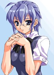  1girl ahoge blue_eyes blue_hair glasses short_hair solo 