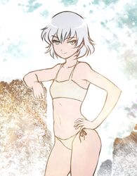  bikini drawfag flat_chest green_eyes midriff navel sanya_v_litvyak short_hair side-tie_bikini silver_hair smile solo strike_witches swimsuit tankini yaranaika 