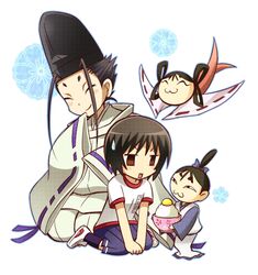  1girl :3 black_hair blueness_(michikusakan) blush_stickers brown_eyes closed_eyes eyes_closed flower gym_uniform keikain_hidemoto keikain_yura long_sleeves nurarihyon_no_mago onmyouji school_uniform shikigami shoes short_hair short_sleeves sitting skirt smile sneakers socks sweatdrop wariza white_background wide_sleeves 