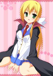  aria. blonde_hair cape green_eyes highres kanemoto_akari long_hair necktie noble_works school_uniform sitting wariza 