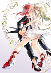 1girl blonde_hair blue_eyes dress formal inazuma_eleven_(series) inazuma_eleven_go inazuma_eleven_go_chrono_stone jeanne_d'arc_(inazuma_eleven) jeanne_d'arc_(inazuma_eleven) kirino_ranmaru long_hair necktie pink_hair shoes suit twintails 