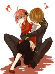 1girl blue_eyes brown_hair bun_cover capri_pants chinese_clothes gintama hair_bun heart hug hug_from_behind kagura_(gintama) long_hair natsume_(natume614) okita_sougo red_hair redhead short_hair 