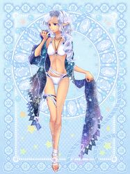  bikini blue_eyes curly_hair dark_skin elf end_breaker! long_hair pointy_ears sandals swimsuit veil white_hair 