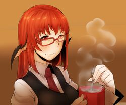  absurdres bakuya coffee_mug glasses head_wings highres koakuma long_hair long_sleeves necktie red_eyes red_hair redhead shirt smile solo spoon steam touhou vest 