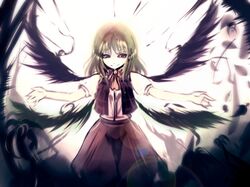  baggy_pants green_hair kazami_yuuka kazami_yuuka_(classic) motion_blur multiple_wings outstretched_arms red_eyes smile solo suisai touhou vest wings 