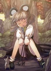  animal_ears basket capelet closed_eyes dowsing_rod eyes_closed grey_hair highres mouse mouse_ears mouse_tail nazrin shope short_hair sitting skirt sleepy solo tail touhou 