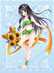  ankle_cuff ankle_cuffs barefoot bikini black_eyes black_hair end_breaker! flower hair_ornament hairclip long_hair midriff navel sunflower swimsuit 