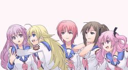  angel_beats! blonde_hair blue_eyes brown_eyes brown_hair hisako_(angel_beats!) hug irie_(angel_beats!) iwasawa long_hair multiple_girls pink_eyes pink_hair ponytail purple_eyes purple_hair red_eyes red_hair redhead school_uniform sekine serafuku short_hair sleeves_rolled_up takumi_(scya) twintails violet_eyes yui_(angel_beats!) 