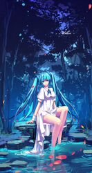  1girl blue_eyes blue_hair erkelee feet_in_water forest hatsune_miku highres long_hair nature sitting soaking_feet twintails vocaloid water wrist_cuffs 