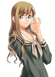  adjusting_glasses bespectacled brown_eyes brown_hair glasses long_hair maria-sama_ga_miteru school_uniform serafuku smile solo tanaka_shoutarou toudou_shimako 
