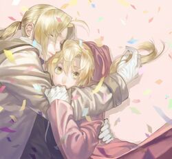  alphonse_elric blonde_hair brothers closed_eyes confetti edward_elric eyes_closed fullmetal_alchemist hug long_hair male multiple_boys noako ponytail siblings yellow_eyes 