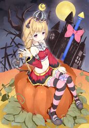  absurdres bare_shoulders blonde_hair bow candy crescent cross crown detached_sleeves full_moon futaba_anzu highres holding idolmaster idolmaster_cinderella_girls lollipop long_hair moon navel pointy_ears pumpkin red_eyes sitting skirt snowflyer solo star striped striped_legwear swirl_lollipop thigh-highs thighhighs tree v wings 
