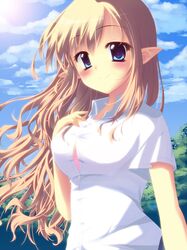  blonde_hair blush breasts bursting_breasts cloud clouds elf guutaraya highres long_hair original pointy_ears shirt sky smile solo sunlight white_shirt 