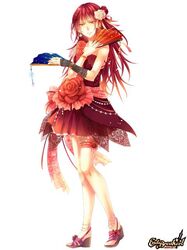  anklet bridal_gauntlets dress end_breaker! fan flower hair_flower hair_ornament jewelry leg_garter long_hair red red_dress red_hair redhead sandals yellow_eyes 