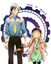  1girl beret black_hair brown_hair closed_eyes elle_mel_martha eyes_closed gears grin hand_holding hat height_difference holding_hands jacket jewelry long_hair ludger_will_kresnik monaka multicolored_hair necklace necktie pants shirt smile suspenders tales_of_(series) tales_of_xillia tales_of_xillia_2 title_drop twintails two-tone_hair white_hair 