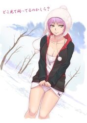  ayane bobblehat breasts casual cleavage collarbone dead_or_alive dutch_angle female hat heart_panties heart_print hood_down hoodie jewelry large_breasts miniskirt mm0131 monmon_(mm0131) necklace open_hoodie outdoors outside panties print_panties purple_hair red_eyes seductive_smile short_hair skirt skirt_lift snow solo text thighs translated translation_request tree underwear 