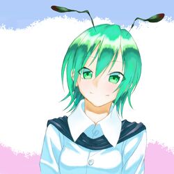  antennae bust green_eyes green_hair shirt shirubaburu short_hair smile solo touhou white_shirt wriggle_nightbug 