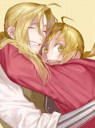  alphonse_elric blonde_hair closed_eyes edward_elric eyes_closed fullmetal_alchemist hug long_hair male multiple_boys noako open_mouth ponytail siblings smile yellow_eyes 