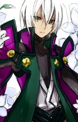  1boy alternate_color alternate_hair_color blazblue jin_kisaragi maka_(morphine) solo uniform white_hair yellow_eyes 