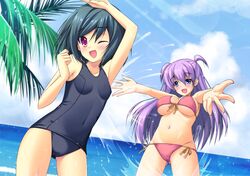  2girls beach bikini black_hair blue_eyes foreshortening multiple_girls original purple_hair red_eyes school_swimsuit short_hair splash splashing swimsuit twintails two_side_up wink yuntea 