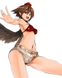  bikini_top breasts brown_eyes brown_hair hat kurokuro open_mouth shameimaru_aya short_hair short_shorts shorts sideboob sketch solo tokin_hat touhou wings 