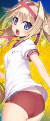  :o ass blonde_hair blue_eyes blush buruma gym_uniform hair_intakes kashiwamochi_yomogi long_hair mogami_yoshiaki_(sengoku_collection) open_mouth panties sengoku_collection solo twintails underwear very_long_hair 