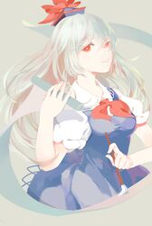  1girl aloin.g blue_hair breasts dress hat highres kamishirasawa_keine long_hair paintbrush red_eyes scroll solo touhou 