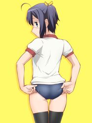  adjusting_buruma ahoge ass black_legwear blue_eyes buruma chuunibyou_demo_koi_ga_shitai! eyepatch gym_uniform looking_back panties_under_buruma profile purple_hair simple_background solo takanashi_rikka thigh-highs thigh_gap thighhighs ueyama_michirou yellow_background 