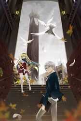  1girl bird blonde_hair blue_eyes building clock clock_tower dove feathers highres leaf long_hair looking_back maple_leaf okingjo original purple_eyes short_hair skirt smile stairs sunlight thigh-highs thighhighs tower violet_eyes white_hair white_legwear zettai_ryouiki 