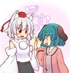  2girls animal_ears blush_stickers detached_sleeves dog_ears green_hair hat inubashiri_momiji kasodani_kyouko multiple_girls red_eyes smile solo tanasuke tokin_hat touhou white_hair wolf_ears 