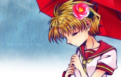  1girl blonde_hair closed_eyes rain school_uniform short_hair solo tagme umbrella 