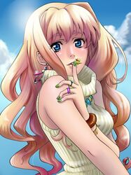  blonde_hair blue_eyes bracelet earrings finger_to_mouth green_nails jewelry long_hair macross macross_frontier miruhito_(sakiomiruhito) nail_polish portrait ribbed_sweater ring sheryl_nome solo sweater turtleneck 