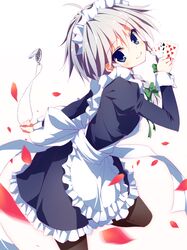  blue_eyes braid card clock izayoi_sakuya looking_at_viewer maid maid_headdress neo1031 pantyhose petals pocket_watch short_hair silver_hair smile solo touhou twin_braids watch 