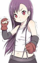  bare_shoulders elbow_gloves final_fantasy final_fantasy_vii fingerless_gloves flat_chest gloves long_hair midriff navel purple_hair red_eyes sakuru shaking skirt solo suspenders tifa_lockhart white_background young 