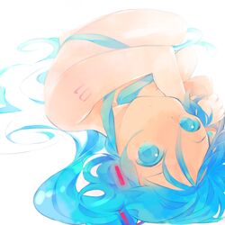  aqua_eyes aqua_hair face hatsune_miku long_hair lying makino_(sinobusan) nude on_back revision simple_background solo twintails very_long_hair vocaloid 