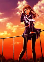  absurdres anegasaki_nene backlighting beauty_mark cloud clouds from_below highres long_hair long_legs love_plus midriff mole neckerchief pantyhose pleated_skirt railing revision school_uniform serafuku shian_(my_lonly_life.) skirt sky smile solo sunset wind 