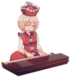  closed_eyes cream_(nipakupa) eyes_closed instrument keyboard_(instrument) lyrica_prismriver short_hair simple_background smile solo touhou white_background 