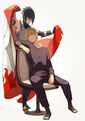  black_hair blonde_hair blue_eyes cape chair grin jewelry male multiple_boys naruto necklace oba-min short_hair smile uchiha_sasuke uzumaki_naruto 