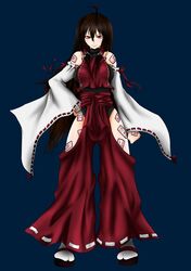  ahoge bare_shoulders black_background breasts brown_hair detached_sleeves hakama hakurei_miko hand_on_hip highres japanese_clothes kairi_(kairin) large_breasts leotard long_hair m.u.g.e.n nontraditional_miko ofuda red_eyes solo tabi touhou wide_sleeves 