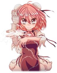  ahoge bandage bandages cream_(nipakupa) double_bun flower ibaraki_kasen pink_hair red_eyes ribbon rose short_hair simple_background smile smoke solo tabard touhou white_background 
