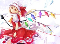  ascot blonde_hair crystal flandre_scarlet hat hat_ribbon laevatein ponytail puffy_sleeves red_eyes revision ribbon ribbons short_hair short_sleeves solo tagme_(artist) touhou wakame_mi weapon wings wrist_cuffs 