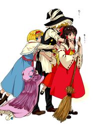  4girls alice_margatroid blonde_hair blue_eyes bow broom brown_eyes brown_hair check_translation detached_sleeves flandre_scarlet genderswap hair_bow hair_tubes hairband hakurei_reimu hat highres hug hug_from_behind japanese_clothes kinoko_(pixiv) kirisame_marisa long_hair miko multiple_girls pants partially_translated patchouli_knowledge purple_eyes purple_hair red_eyes sigh touhou translation_request violet_eyes witch_hat 