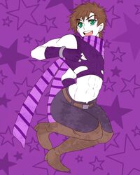  1boy abs brown_hair fingerless_gloves gloves green_eyes jojo_no_kimyou_na_bouken joseph_joestar_(young) midriff purple_background scarf solo star striped striped_scarf terimayo_(sonnne_farbe) 