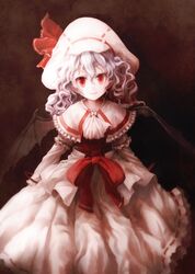  ascot bat_wings blue_hair capelet curiosities_of_lotus_asia hat hat_ribbon highres ikmg looking_at_viewer pointy_ears red_eyes remilia_scarlet ribbon smile solo touhou wavy_hair wings 