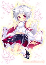  animal_ears bare_shoulders blush character_name detached_sleeves hikanyan inubashiri_momiji leaf looking_at_viewer navel petals revision silver_hair skirt smile solo tabi tail touhou wolf_ears wolf_tail 