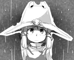  animal animal_on_head face frog grey greyscale hat looking_up monochrome moriya_suwako pyonta rain solo space_jin spacezin touhou 
