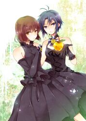  blue_eyes blue_hair brown_hair dress elbow_gloves gloves golden_apple hagiwara_yukiho halterneck highres idolmaster kikuchi_makoto multiple_girls rishi_(kurou) short_hair yellow_eyes 