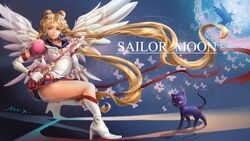  bishoujo_senshi_sailor_moon blonde_hair blue_eyes boots brooch butterfly cat doily elbow_gloves eternal_sailor_moon floating_hair gloves hair_ornament hairclip high_heels highres jewelry long_hair luna_(sailor_moon) ribbon sailor_moon shoes shoumura_(mix) signature squatting staff tsukino_usagi twintails very_long_hair wings 