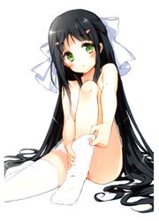  absurdres bare_shoulders black_hair blush bow chemise cuteg dressing feet green_eyes hair_bow hair_ornament hairclip highres kono_naka_ni_hitori_imouto_ga_iru! long_hair no_panties no_shoes official_art scan see-through sitting solo strap_slip thigh-highs thighhighs tsuruma_konoe very_long_hair white_legwear 