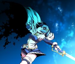  armpits blue_eyes blue_hair cape gloves hair_ornament highres holding magical_girl mahou_shoujo_madoka_magica miki_sayaka outstretched_arm short_hair skirt solo sword tears thigh-highs thigh_strap thighhighs uousa weapon white_legwear 